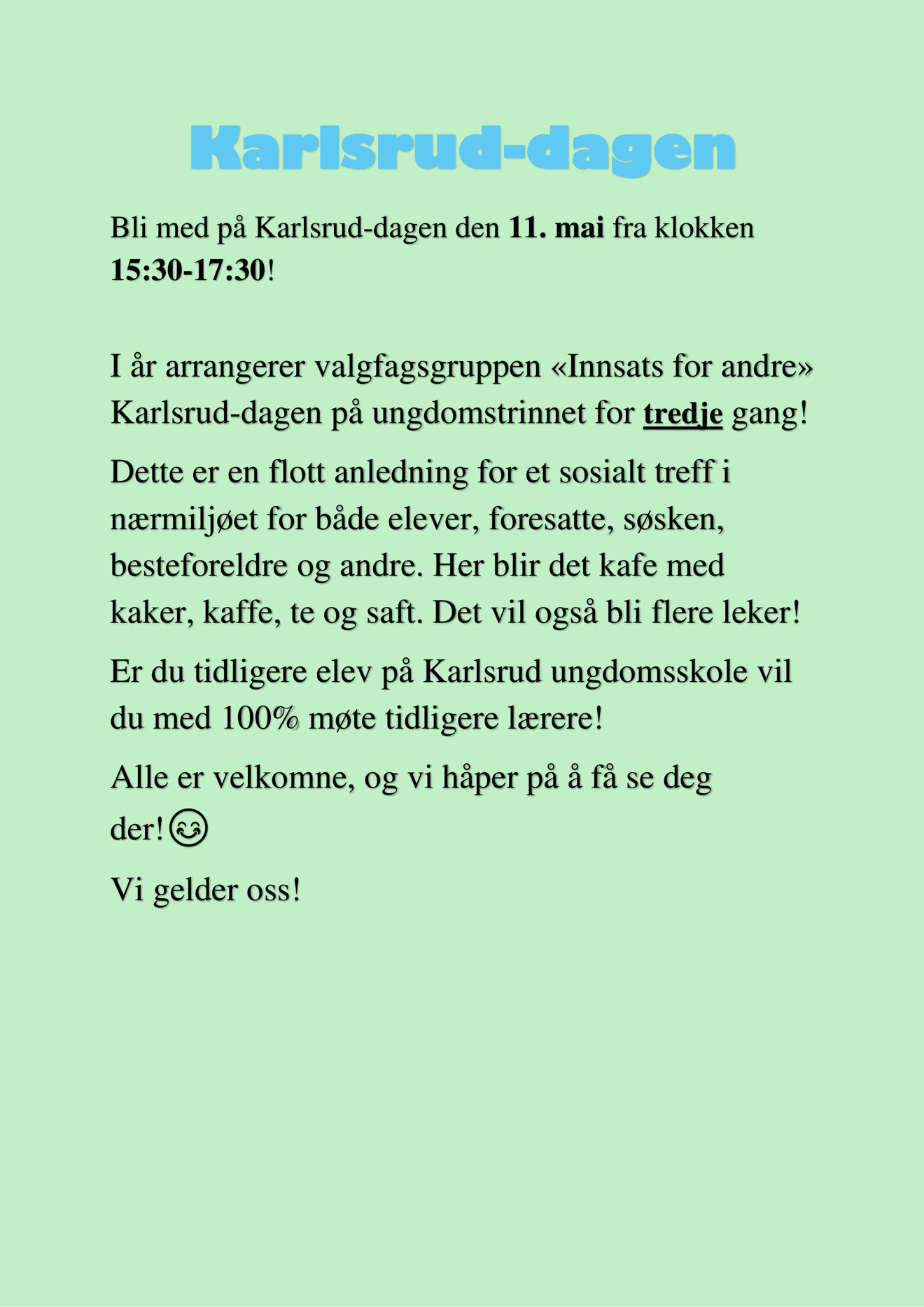 Innbydelse til Karlsrud-dagen 11.mai