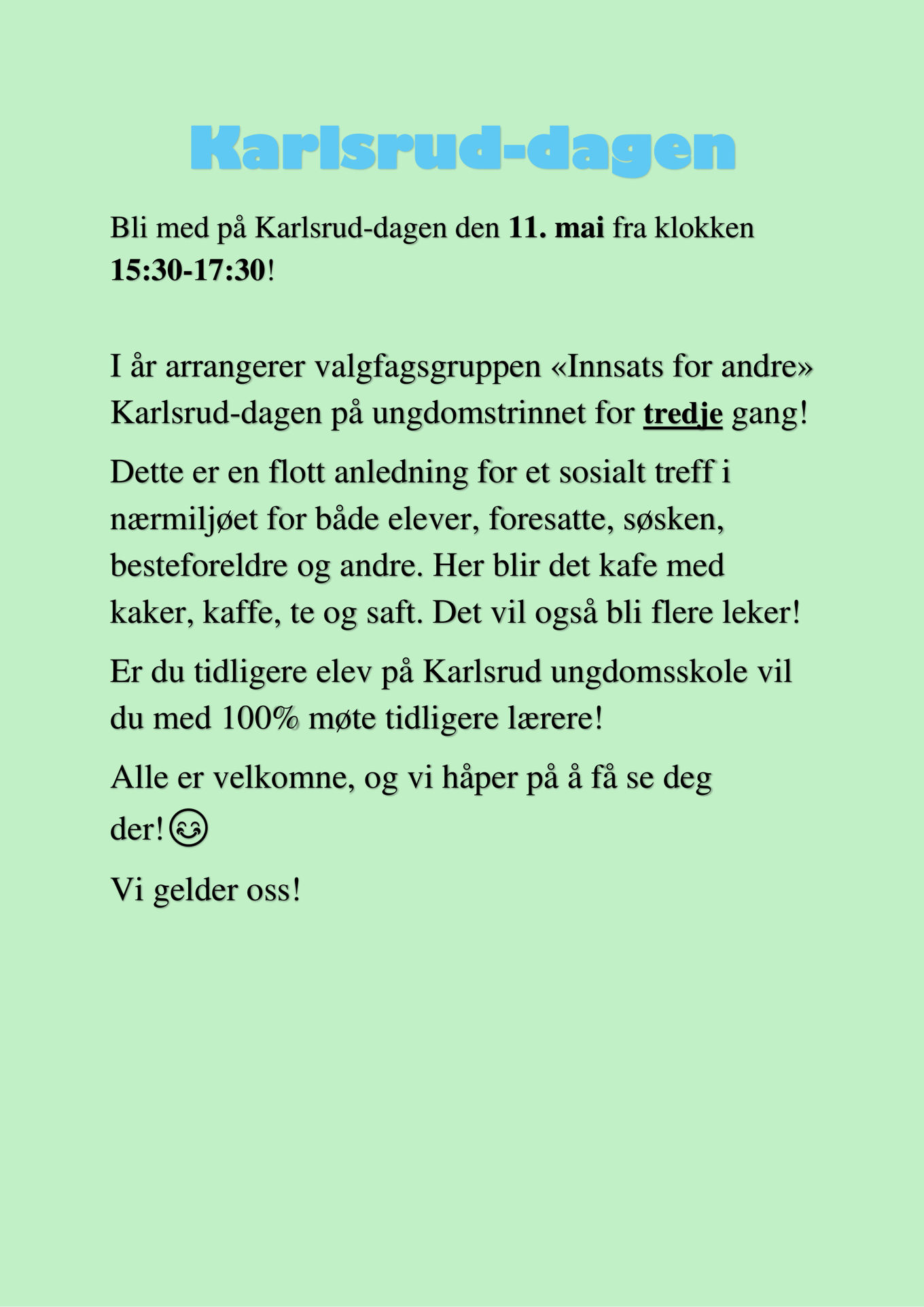Innbydelse til Karlsrud-dagen 11.mai
